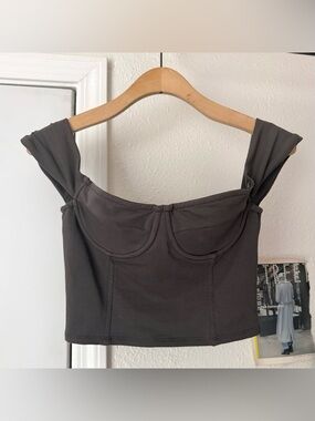 ANN ANDELMAN taupe tan charcoal corset bustier cotton off shoulder cropped top